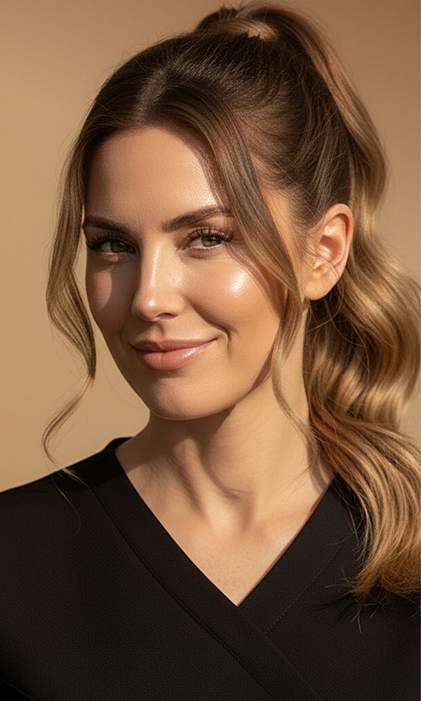 Smiling woman with ponytail and natural makeup.