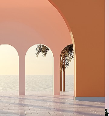 Colorful archway with palm trees and ocean view.