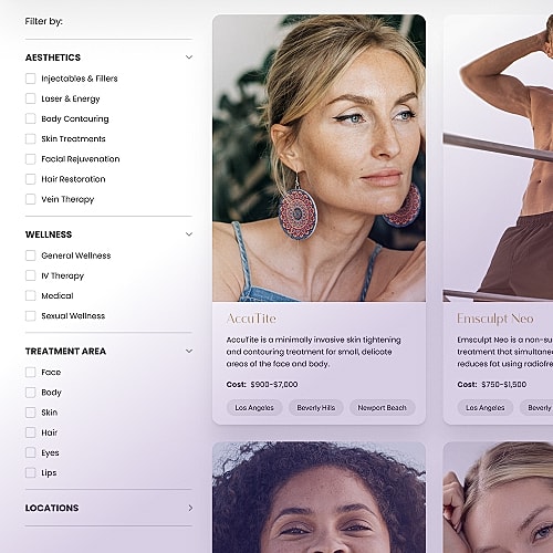 Skin treatment options and services directory.