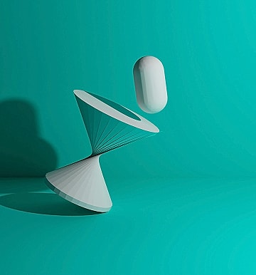 Abstract geometric shapes on teal background.
