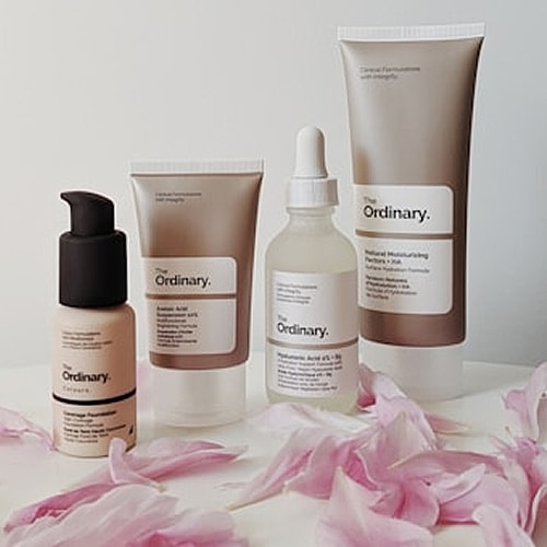 Skincare products from The Ordinary on display.
