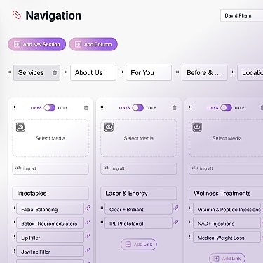 Navigation interface for services and treatments.