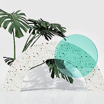 Terrazzo arch with tropical plant and shapes.
