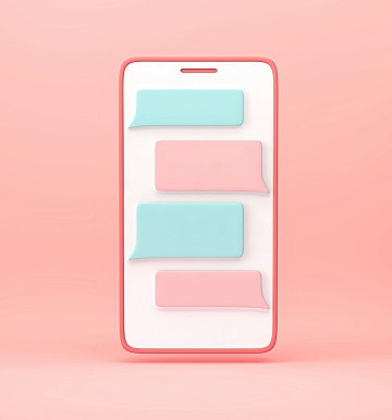 Smartphone with colorful chat bubbles on pink background.