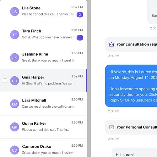 Text messages discussing scheduled consultations and cancellations.